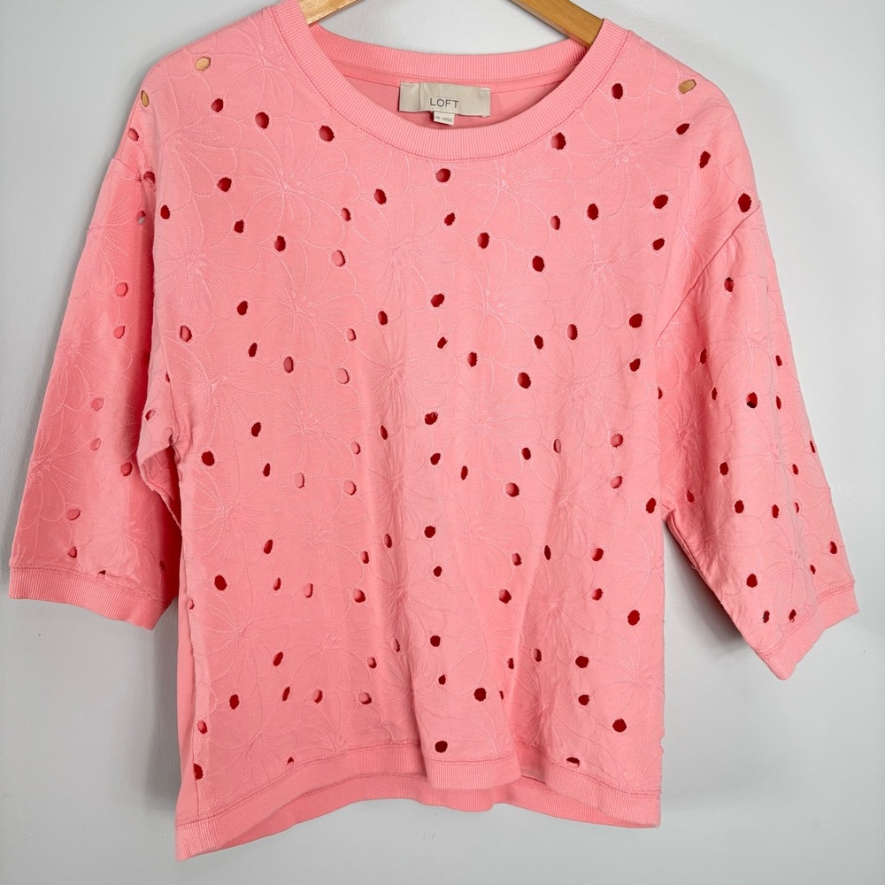 LOFT Pink Floral Eyelet Blouse